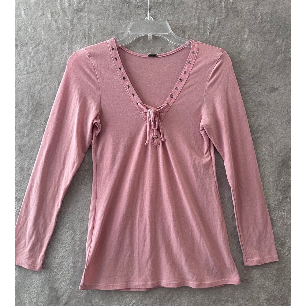 Poof Womens Top M Pink Lace Up Grommet V-Neck Long Sleeve Slim Fit Jersey Knit